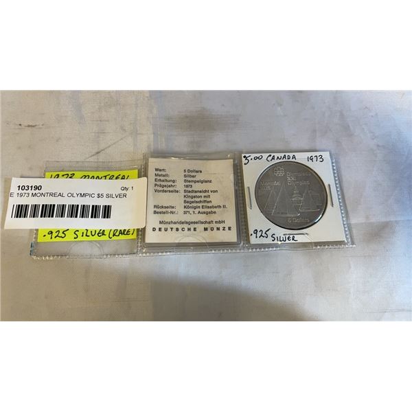 RARE 1973 MONTREAL OLYMPIC $5 SILVER COIN ISSUED IN GERMANY WITH ORIGINAL GERMAN INFORMATION SHEET .