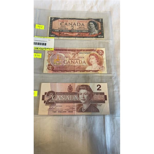 LAST 3 ISSUES OF CANADIAN $2 BILLS - 1954, 1974, 1986