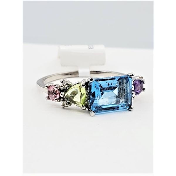 14KT. WHITE GOLD 8.55MM X 6.3MM NATURAL BLUE TOPAZ (2.25CTS), MIXED GEMSTONE (0.80CTS), & DIAMOND (0