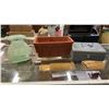Image 1 : VINTAGE GLASS VASE, TERRA COTTA PLANTER, AND MASSIER METAL CASH LOCK BOX