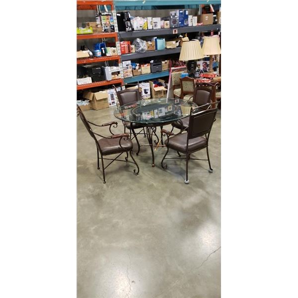 ROUND GLASS TOP TABLE AND 4 METAL CHAIRS