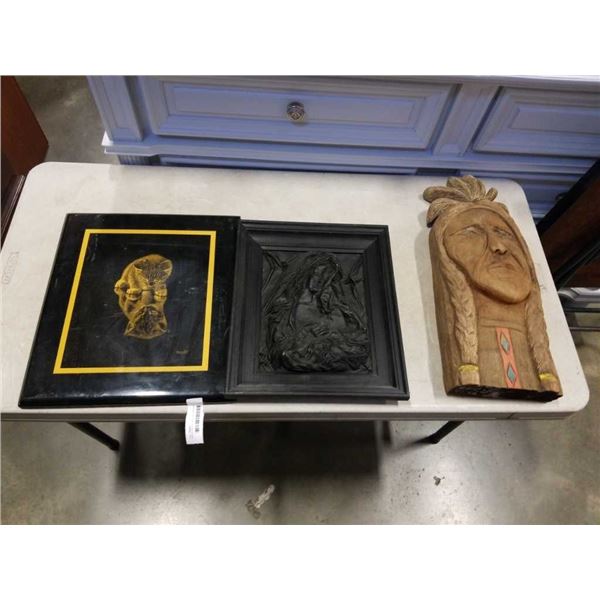 WOOD CARVING, RELIGIOUS ART AND CAT PRINT