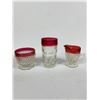 Image 2 : Lot of Clear and Cranberry Red Glass Creamer, Sugar, Lidded Butter Dish and Beer Glass