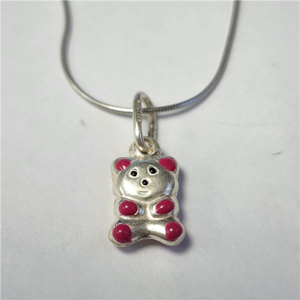 SILVER PINK BEAR 16  NECKLACE