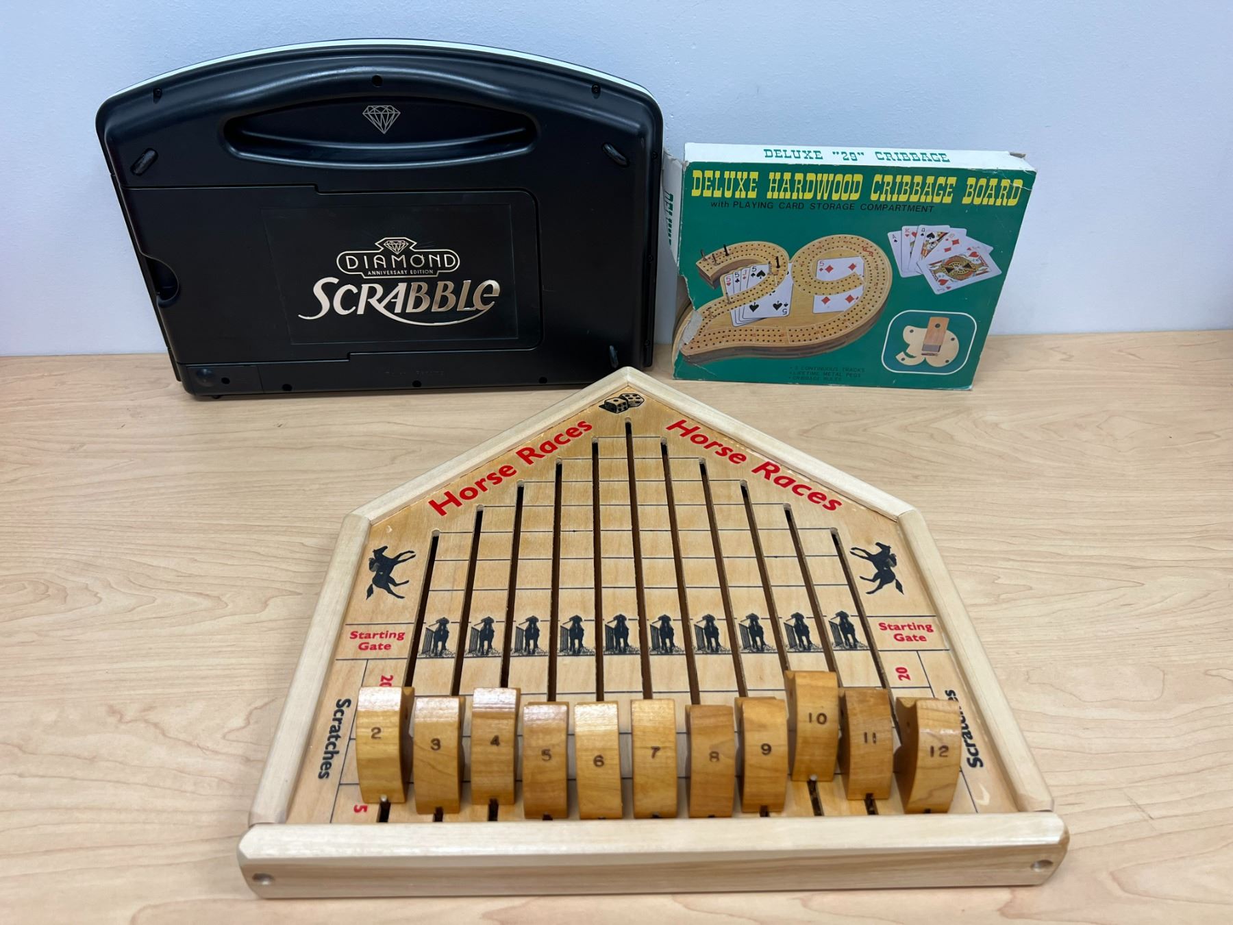 Diamond Scrabble / Wooden Horse Racing & 29 Crib Board Games