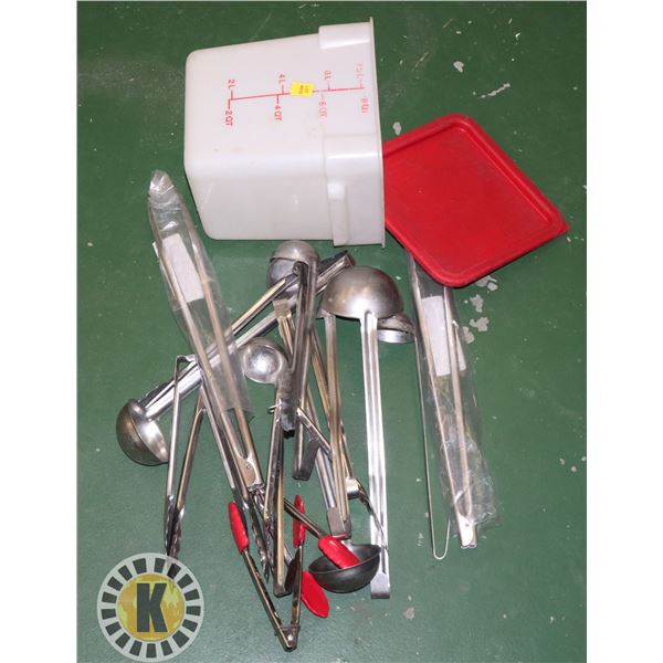 FOOD CONTAINER FULL OF TONGS, LADLES