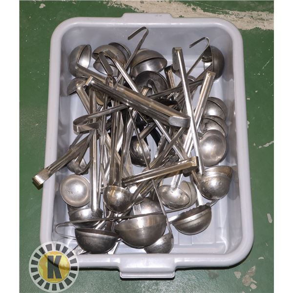 BUS PAN FULL OF ASSORTED SIZE LADLES