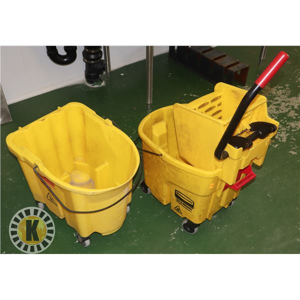 TWO RUBBERMAID COMMERCIAL MOP BUCKETS WITH ONE