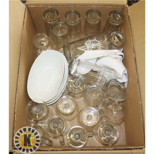BOX OF ASSORTED GLASSES AND SERVING DISHES