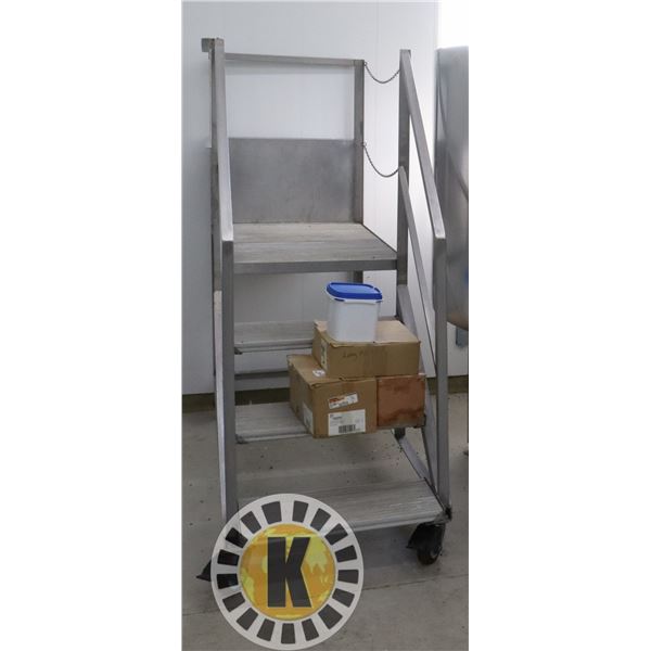 STAINLESS STEEL STAIRCASE/ PLATFORM ON CASTORS