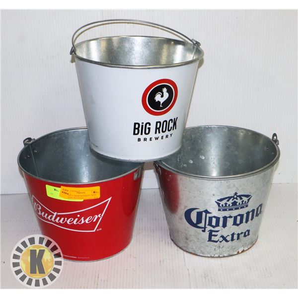 LOT OF 3 - BEER BUCKETS - BUD, CORONA, BIG ROCK