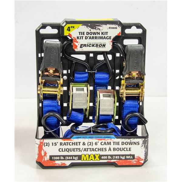 PACK OF 4 NEW 15' RATCHET & 6' CAM TIE DOWN STRAPS