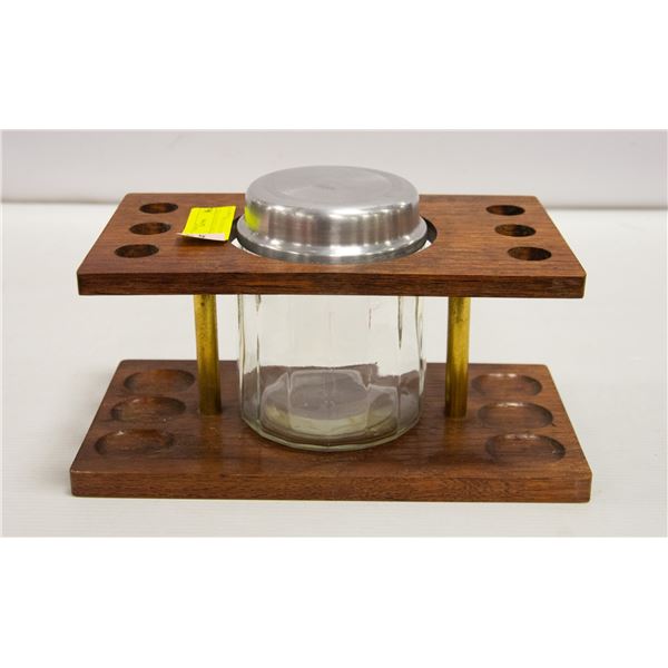 6 SLOT PIPE STAND W/ ST. STEEL LIDDED TOBACCO JAR