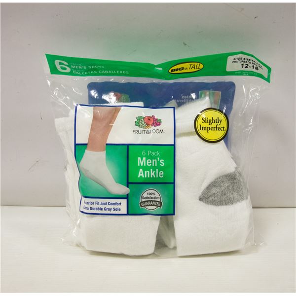 6PK ANKLE SOCKS ,SIZE 12-16, WHITE