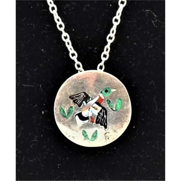 Zuni Sterling Inlay Duck Pin Pendant Necklace