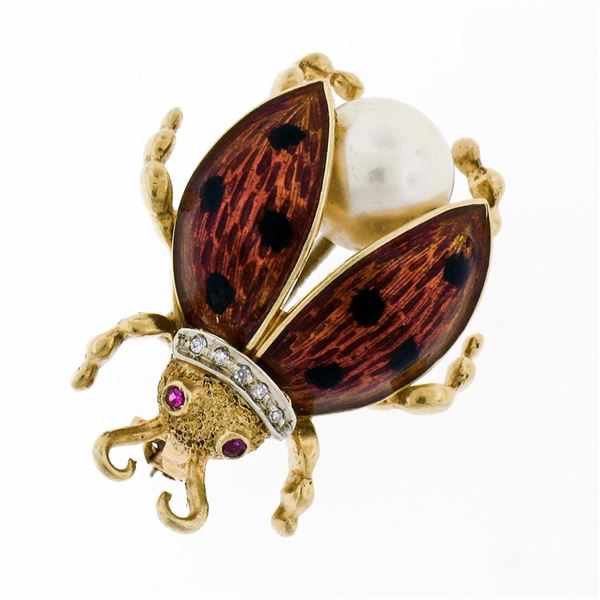 Vintage 18k Yellow Gold Ruby Diamond Pearl and Enamel Ladybug Pin Brooch