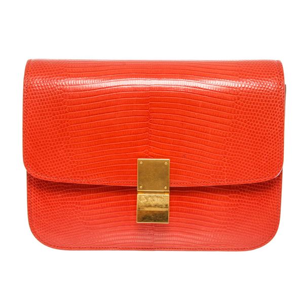 Celine Orange Lizard Skin Leather Medium Box Shoulder Bag