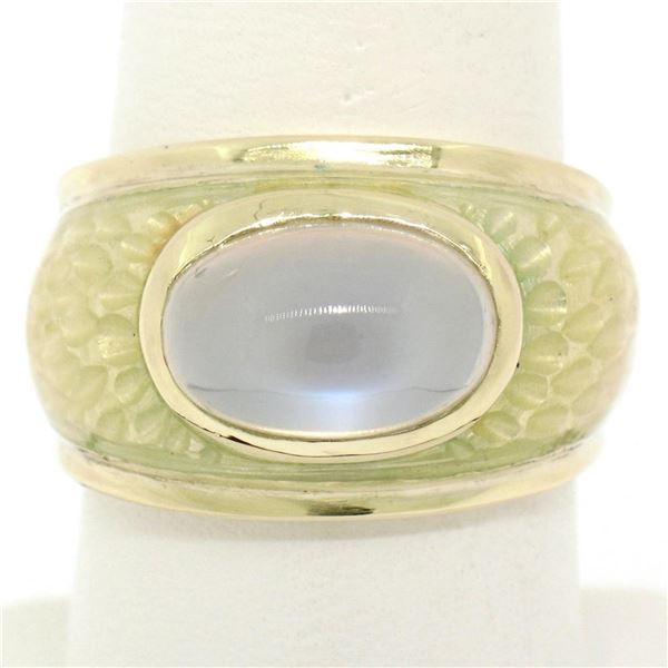 14K Yellow Gold Fine Cabochon Blue Moonstone & Enamel Textured Ring Unique