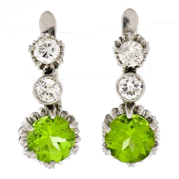 Vintage Platinum 5.20 ctw Peridot & Diamond Textured Three Stone Dangle Earrings