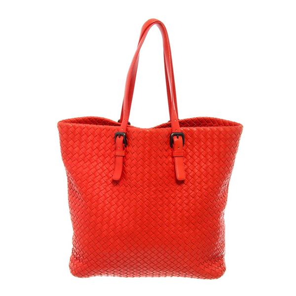 Bottega Veneta Red Lambskin Leather Intrecciato Leather XL Nappa Shopper Tote Ba