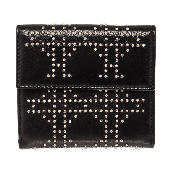 Christian Dior Black Lambskin Leather Cannage Studded Bifold Wallet