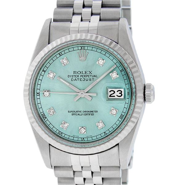 Rolex Mens Stainless Steel Ice Blue Diamond 36MM Datejust Wristwatch