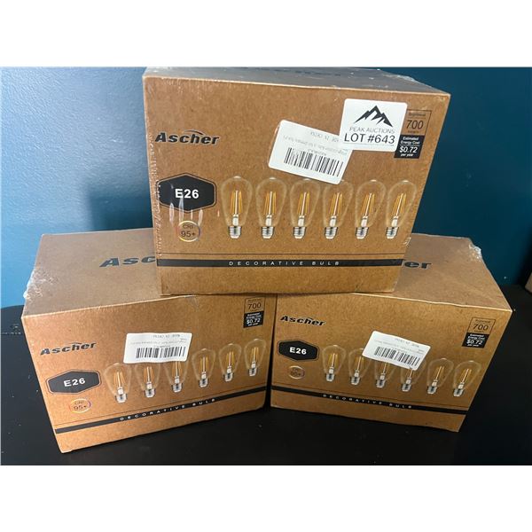 *NEW* Lot of 3 Ascher E26 Vintage LED Edison Lightbulbs (6pcs per pack!) - 18 bulbs total