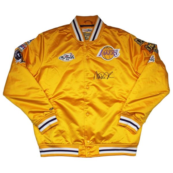 MAGIC JOHNSON SIGNED LA LAKERS GOLD MITCHELL AND NESS JACKET WITH 17 PATCHES (BECKETT COA)