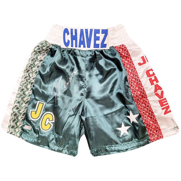 JULIO CESAR CHAVEZ SIGNED GREEN BOXING TRUNKS (TRI STAR COA)