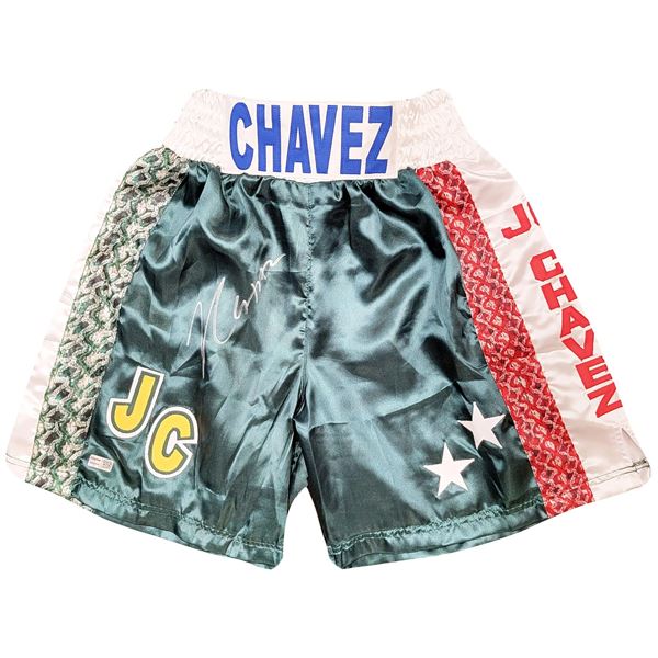 JULIO CESAR CHAVEZ SIGNED GREEN BOXING TRUNKS (TRI STAR COA)