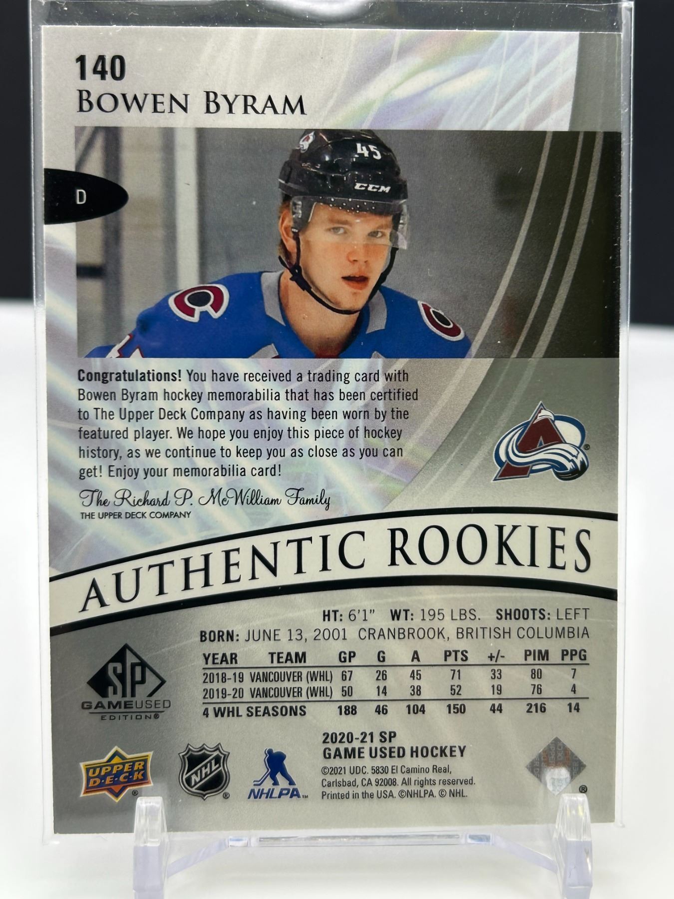 Byram Rookie Patch Auto 2020-21 SP GAME USED AUTHENTIC ROOKIES BOWEN BYRAM ROOKIE CARD