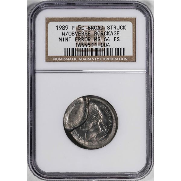 1989-P Jefferson Nickel Mint ERROR Broad Struck With Obverse Brockage NGC MS64FS