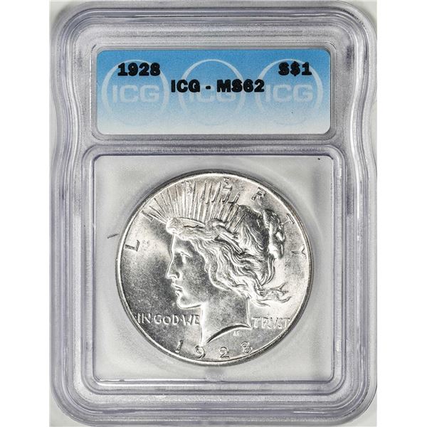 1928 $1 Peace Silver Dollar Coin ICG MS62