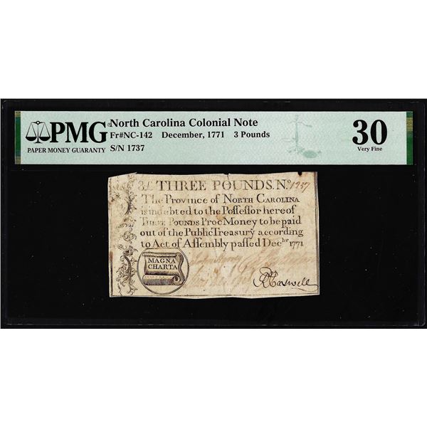 1771 North Carolina 3 Pounds Colonial Note NC-142 PMG Very Fine 30 Magna Charta