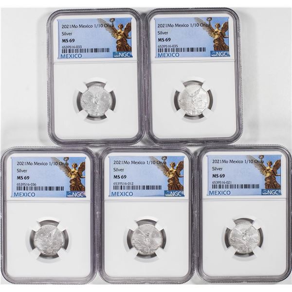 Lot of (5) 2021-Mo Mexico 1/10 oz Silver Libertad Coins NGC MS69