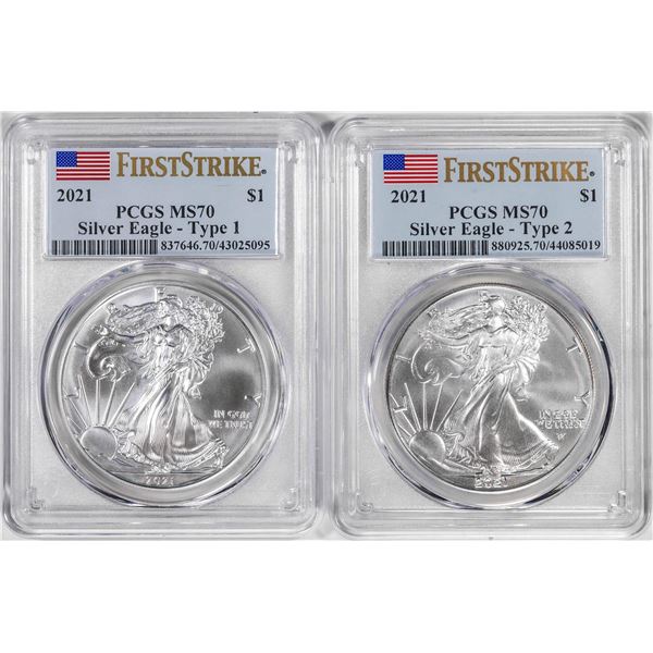 Lot of 2021 Type 1 & Type 2 $1 American Silver Eagle Coins PCGS MS70 First Strike