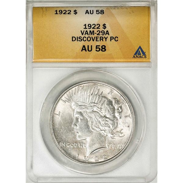 1922 VAM-29A $1 Peace Silver Dollar Coin ANACS AU58 Discovery PC