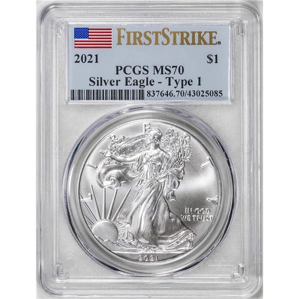 2021 Type 1 $1 American Silver Eagle Coin PCGS MS70 First Strike