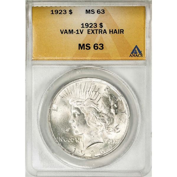 1923 VAM-1V Extra Hair $1 Peace Silver Dollar Coin ANACS MS63