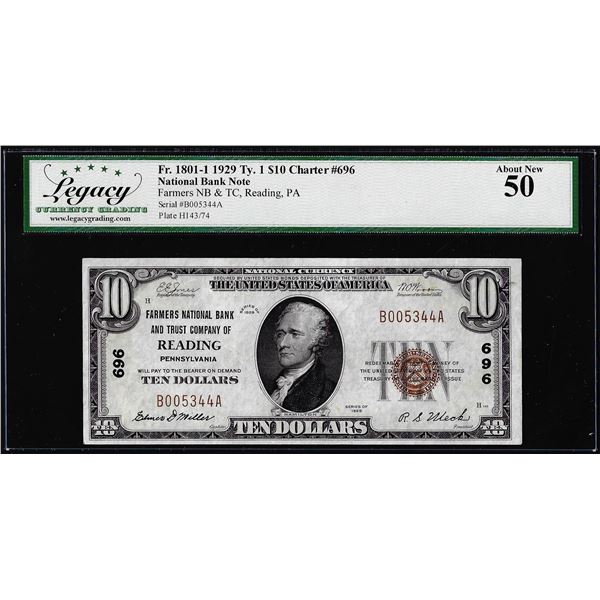 1929 $10 NB Reading, PA CH# 696 Fr.1801-1 National Currency Note Legacy About New 50