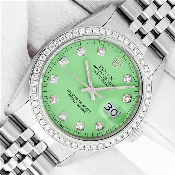 Rolex Men's Stainless Steel Green Diamond Datejust Wristwatch