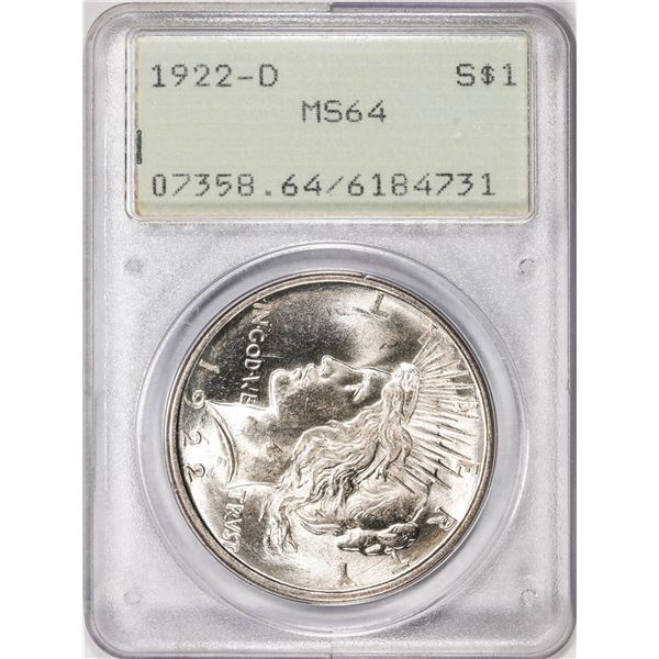1922-D $1 Peace Silver Dollar Coin PCGS MS64 Old Rattler Holder