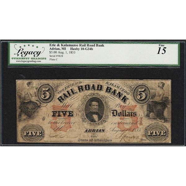 1853 $5 Erie & Kalamazoo Rail Road Bank Adrian, MI Obsolete Note Legacy Fine 15