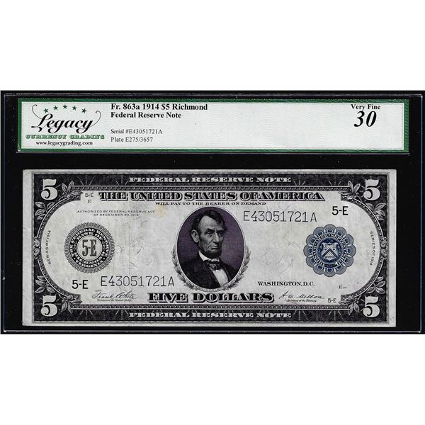 1914 $5 Federal Reserve Note Richmond Fr.863a Legacy Very Fine 30
