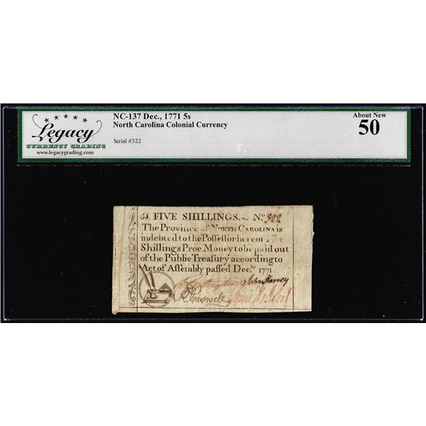 December 1771 5 Shillings North Carolina Colonial Note NC-137 Legacy About New 50