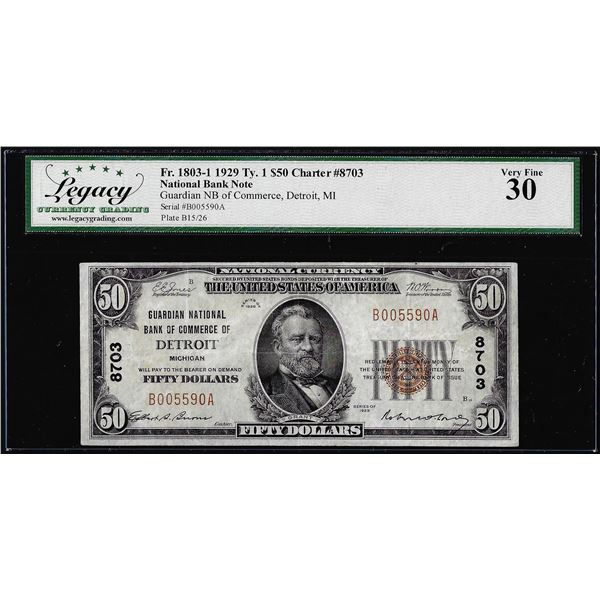 1929 $50 Guardian NB Commerce Detroit, MI CH# 8703 National Currency Note Legacy VF30