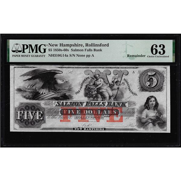 1850s-60s $5 Salmon Falls Bank Obsolete Note NH310G14a PMG Choice Uncirculated 63