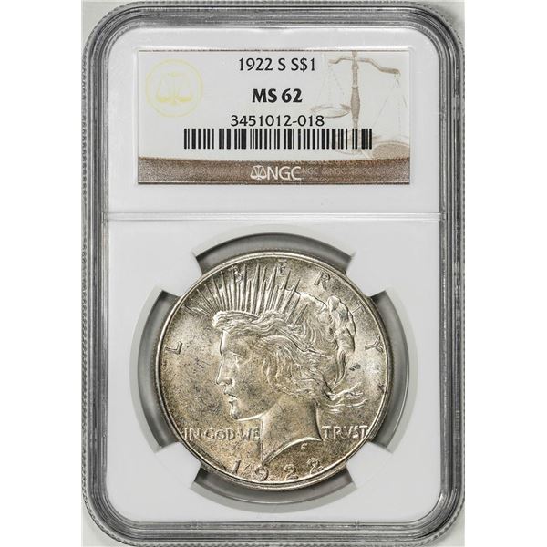 1922-S $1 Peace Silver Dollar Coin NGC MS62