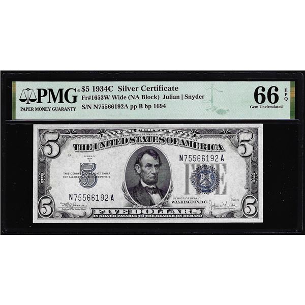 1934C $5 Silver Certificate Note Fr.1653W Wide PMG Gem Uncirculated 66EPQ