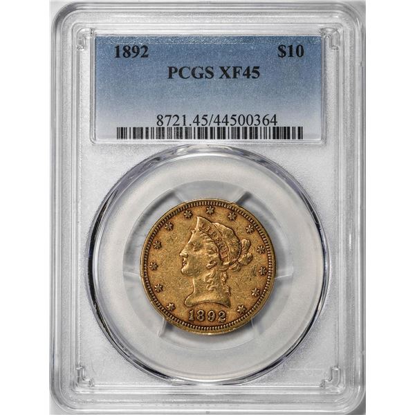 1892 $10 Liberty Head Eagle Gold Coin PCGS XF45